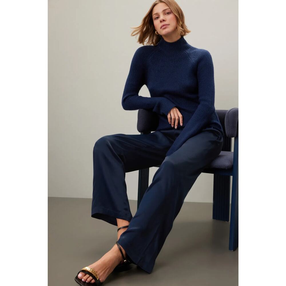 Donni Silky Simple Pants Navy Satin Wide Leg Elastic Waist Size XS - Picture 4 of 12